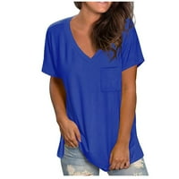 Vrhovi useva za žene Ženska modna gradijentna bluza V-izrez kratki rukav labav majica Džepovi za žene za žene sa džepovima, plavom, xxl