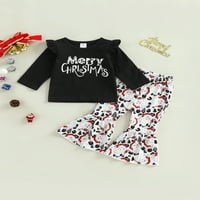 Binwwede Dijete Djevojka Odijelo, Dugi Rukav Okrugli Vrat Slova Shirt + Santa Print Zvono-Dna Pantalone