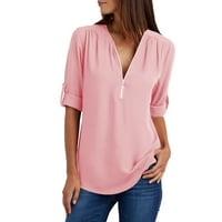 Ženski vrhovi V vrat Zip up kratke rukave košulje šifon čvrste letnje Casual majice labave bluze od tunike