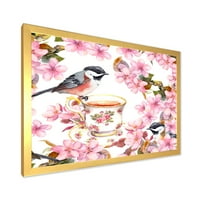PROIZVODNJAC Ptice za čaj za čaj i ružičasto cvijeće tradicionalni uokvireni umjetnički otisak