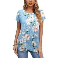 Ženski vrhovi Ženski modni kratki rukavi okrugli vrat labavi štampani majice bluza vrhovi plavi XL