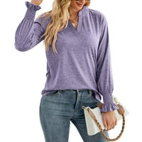 Youmylove ženske casual v izrez labave boje ruffles dugih rukava majice za bluze TOP WOmens majice