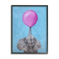 Stupell Industries Cute Elephant Blowing Pink Balloon slike portreta životinja Crne uramljene umjetničke