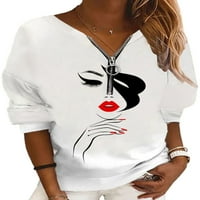 GLONME PREDNJI ZIP pulover V izrez za žene Zipper Jesen Dukseri Slobodnoj majici Bijeli perje Ispiši 5xl