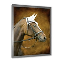 PRONAĐEDAK Izbliza portret smeđeg konja sa bijelim ušim 'seoskim kućama uokvirenim umjetničkim otiskom