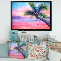 Designart 'Vivid Sunset Landscape With Swing and Palm' Nautical & Coastal Framedred Art Print