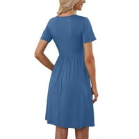 Ženska haljina dužine koljena s džepom kratkih rukava odjeća scoop vrat puni boje tipka za slobodno vrijeme