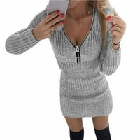 Relanfenk zimska jesen ženske haljine Casual Solid Knit Zipper V-izrez Dugi rukav Mini tanka pulover haljina