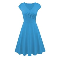 Ljetne haljine za žene kratki rukav čvrste boemske dužine koljena a-Line V-izrez haljina za odmor plava