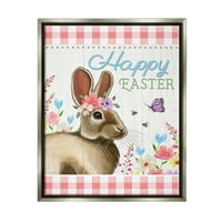 Stupell Happy Easter Floral Gingham Rabbit Holiday Painting Grey Floater Framered Art Print Wall Art