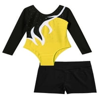 Iiniim Girls dugi rukavi gimnastika triko plesni Unitard fitnes bodi sa Atletskim šortsom 6 - žuto-crno