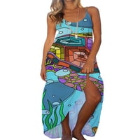Caprese Casual špageti remen duge haljine za žene Boho Print Summer Beach Sundress Slip Flowy Loose Maxi haljina