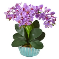 Skoro prirodni falaenopsis orhidejni umjetni aranžman u dizajnerskoj tirkiznoj vazi