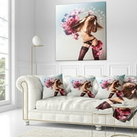 Designart Brown seksi žena sa cvijećem - jastuk za bacanje portreta-16x16