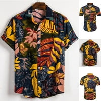 Alueeu Mens Etno Kratki Rukav Casual Pamuk Lan Štampanje Havajska Košulja Bluza Dugme Shirt Dress