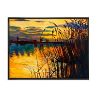 Designart 'Yellow Evening Glow Through The High Grass By The Lake' Nautical & Coastal Framed Canvas Wall