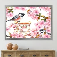 Designart' Tea Cup Birds and Pink Flowers ' tradicionalni uokvireni umjetnički Print